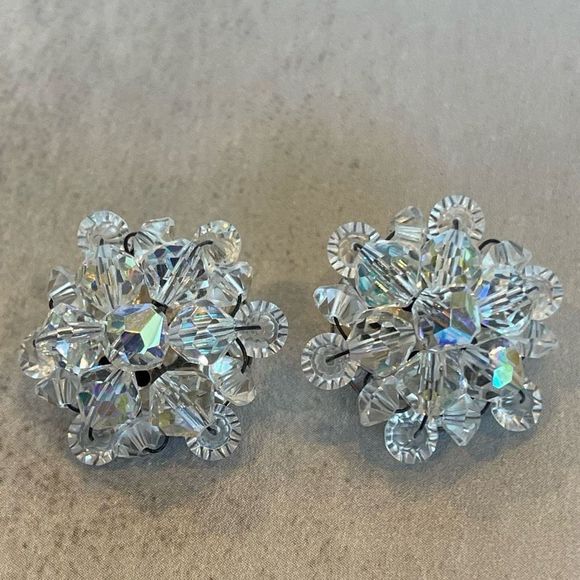 Vintage AB Crystal Beaded Clip On Earrings - Picture 2 of 4